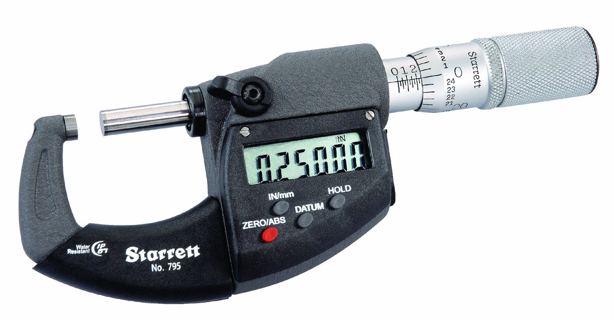Starrett 795XFL-4 LCD Outside Micrometer, IP67, Friction Thimble, Lock Nut, Carbide Faces, 3-4" Range, 0.00005" Graduation, +/-0.00015" Accuracy, RS-232 Output
