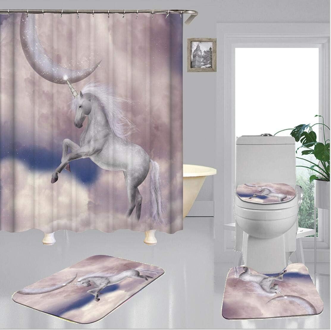 HALAWAKA Bathroom Shower Curtain Rugs and Mats Sets, Bathroom 4 pcs Sets for Washable U-Shaped Contour Rug, Mat, Lid Cover, Shower Curtain with Hooks