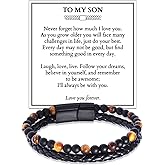 Someki To My Son Bracelet from Mom Dad Mens Leather Braided Rosary Bracelet Stainless Steel Bracelets Inspirational Birthday Gifts for Men Son Gifts from Mom