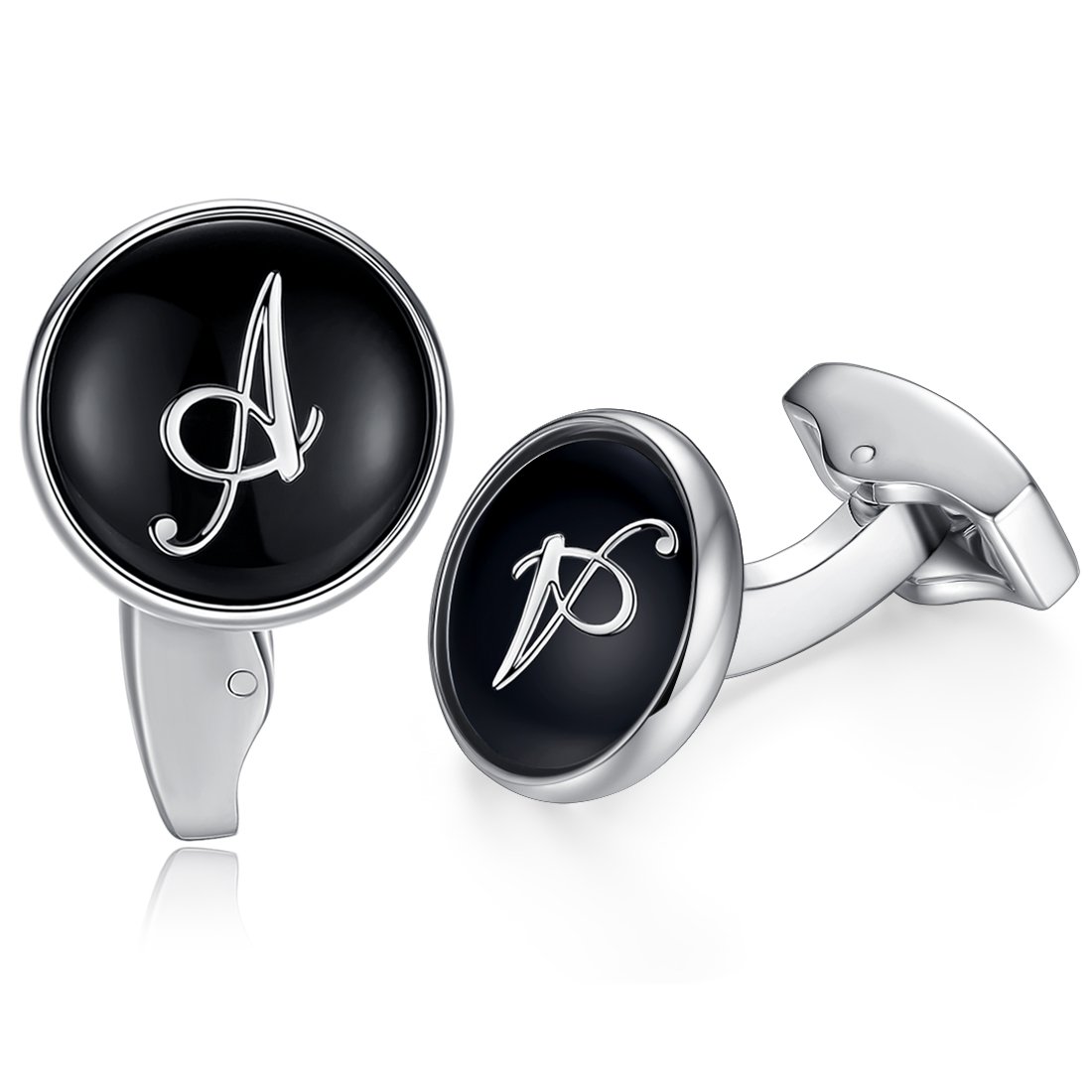 HONEY BEAR Initial Alphabet Letter Cufflinks for Men, Black Round Shape Wedding Business Gift A - Z (A)