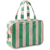 Travel Toiletry Bag for Women, Waterproof Clear Coated Portable Stripe Makeup Cosmetic Bag with Compartment, Travel Organizer for Shampoo, Conditioner, Brushes Set,Cosmetic Accessories(Pink-Green)
