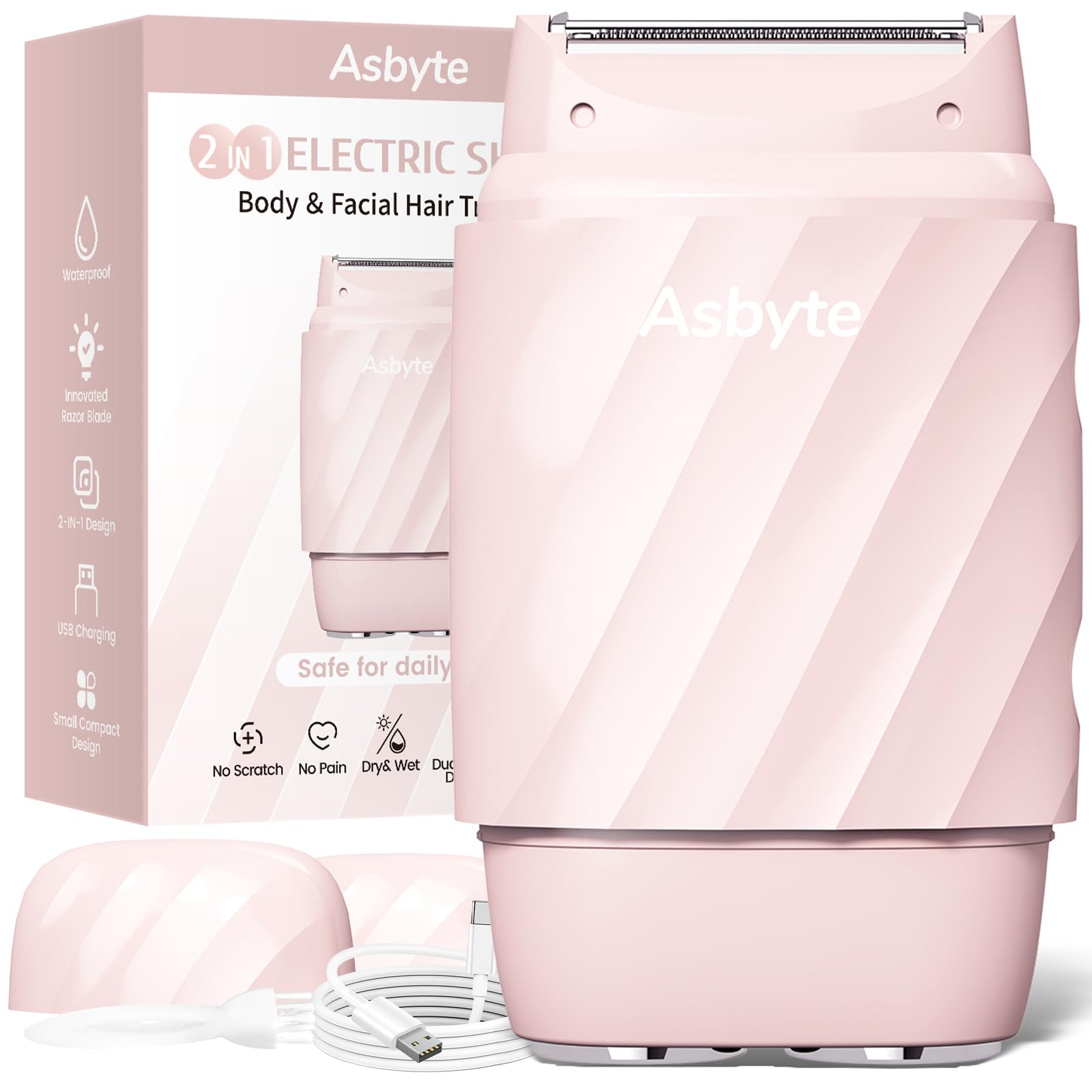 Photo 1 of Asbyte 4-in-1 Electric Razor for Women, Bikini Trimmer & Facial Hair Remover, Rechargeable Cordless Dual-Head Shaver, IPX7 Waterproof, Painless & Hypoallergenic for Sensitive Areas, Pink