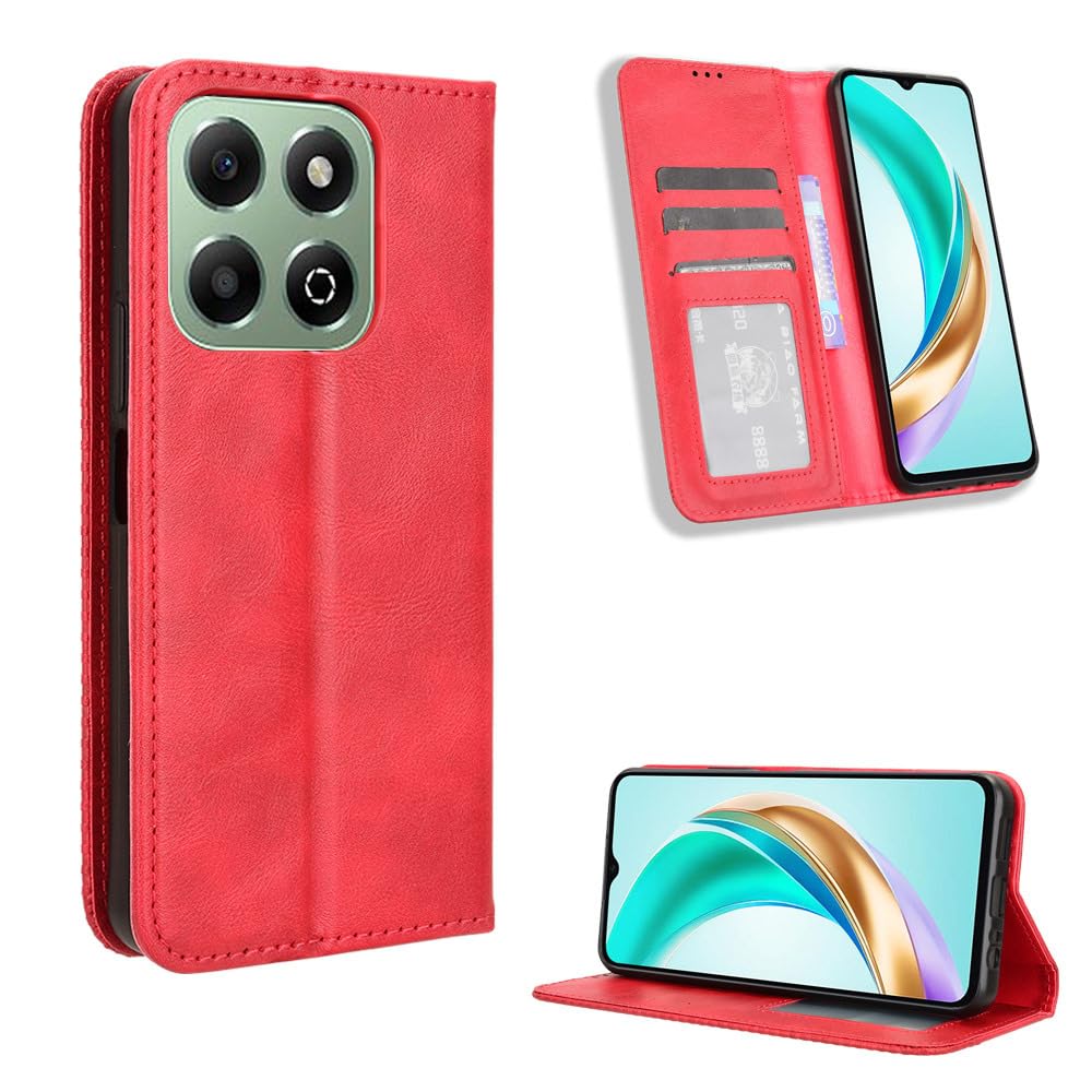 COMAKU Compatible with Honor X6b Case Leather - Flip Cover Protection magnetic Phone Case wallet with Card Holder - Red
