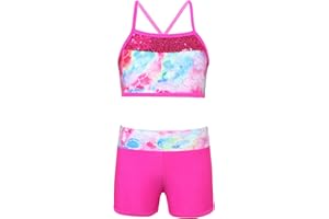 Nikiikoo Kids Girls 2Pcs Activewear Set Gymnastics Dance Sports Bra Crop Tops and Booty Shorts Tankini Swimsuit