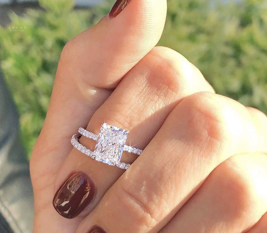 Photo 1 of 925 Sterling Silver Shiny Full 2Pcs Women Zircon Rings Set Square Cut Cubic Zirconia Engagement Rings Bridal Wedding Bands for Her Size 7