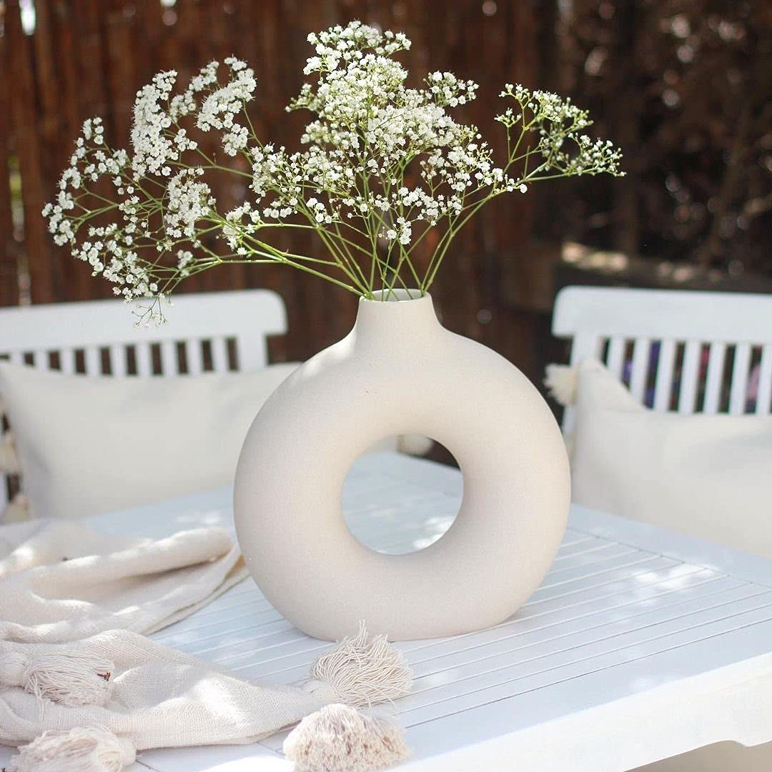 Buy Dovetail Home Ceramic Luxury Donut Vase White Matt (Small) Flower