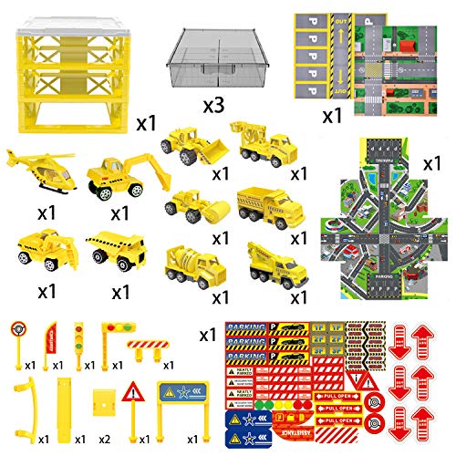 Construction Toys with 3-Level Car Parking Garbage Storage Box Toy Inculding Various Die-cast Construction Trucks, Parking Lot, Traffic Road Sins, Ramp Racing Set, Construction Birthday Party Supplie - Thumbnail 2