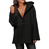 Fisoew Women's Hoodies Oversized Sweatshirts Casual Fleece V Neck Long Sleeve Hooded Loose Fall Winter Pullover Tops