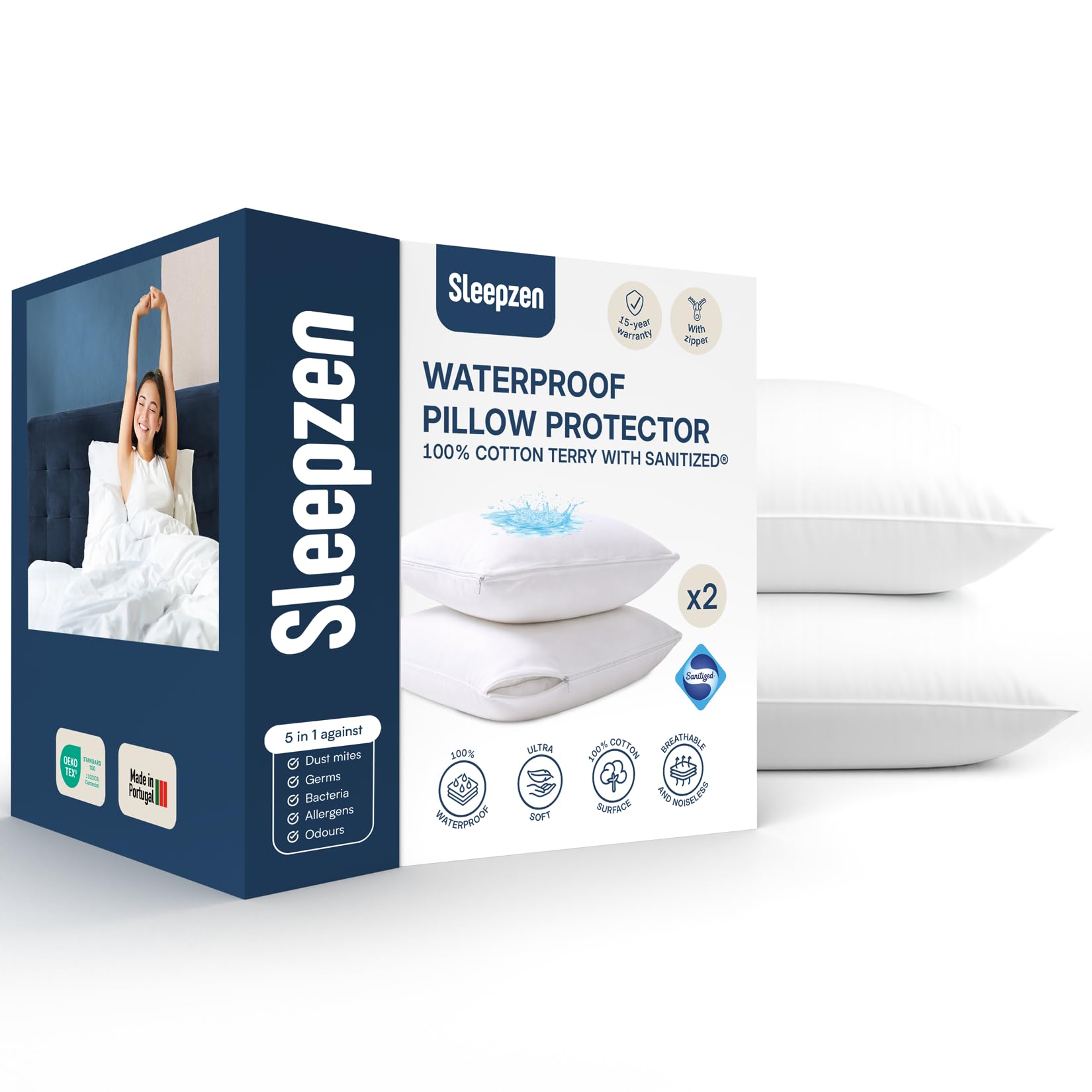 SLEEPZEN Waterproof Pillow Protector 40x80 cm (Set of 2), 100% Cotton, Breathable, Soft and Silent Pillow Protectors, Oeko-Tex® Certified, Zip Closure, Hypoallergenic