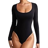 REORIA Women's Sexy Basic Scoop Neck Long Sleeve Double Lined Layering Slim Bodysuit Tops