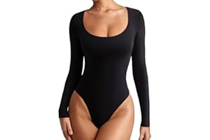 REORIA Women's Sexy Basic Scoop Neck Long Sleeve Double Lined Layering Slim Bodysuit Tops