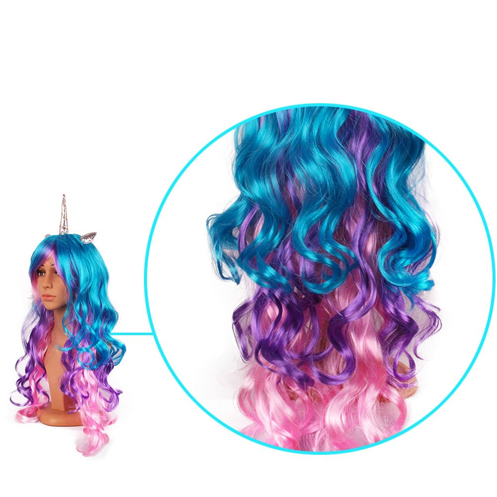 MIMIEYES Unicorn Horn Wig with Ears Headband Hairpiece Rainbow Long Curly Wigs for Halloween Party Cosplay Costume (Silver Horn)