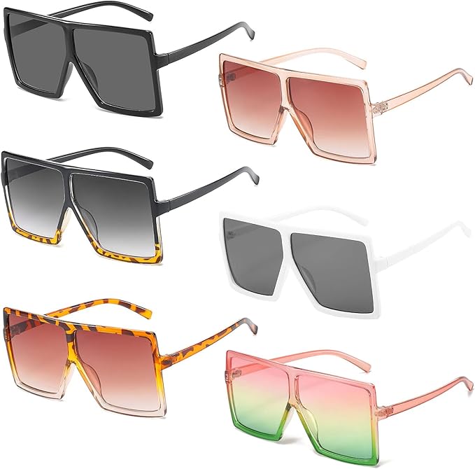 6 Pieces Square Oversized Sunglasses Bulk Flat Top Fashion Shades