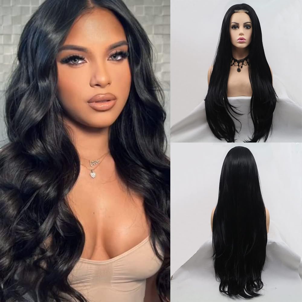 Xiweiya Black Wig Long 1b# Black Wavy Sytnhetic Lace Front Wigs,Middle Part Natural Looking Black Curly Hair Wig Heat Resistant 180% Density Hair-replacement for Women 26inch