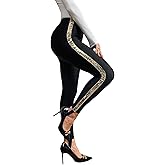 SweatyRocks Women's Casual High Elastic Waist Leggings Rhinestone Side Skinny Pants Tights