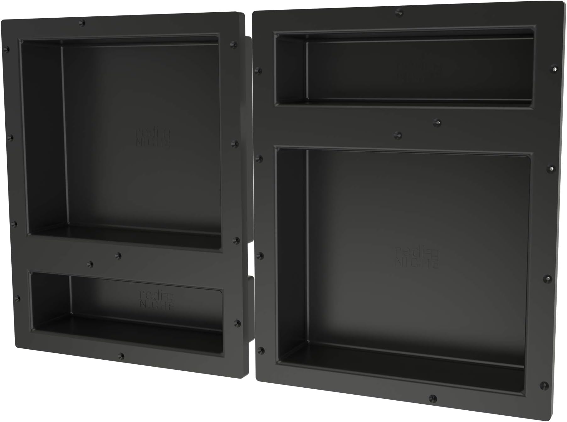 Redi Niche Quad Niche Recessed Shower Shelf- Black, Four Inner Shelves, 32-Inch Width x 20-Inch Height x 4-Inch Depth