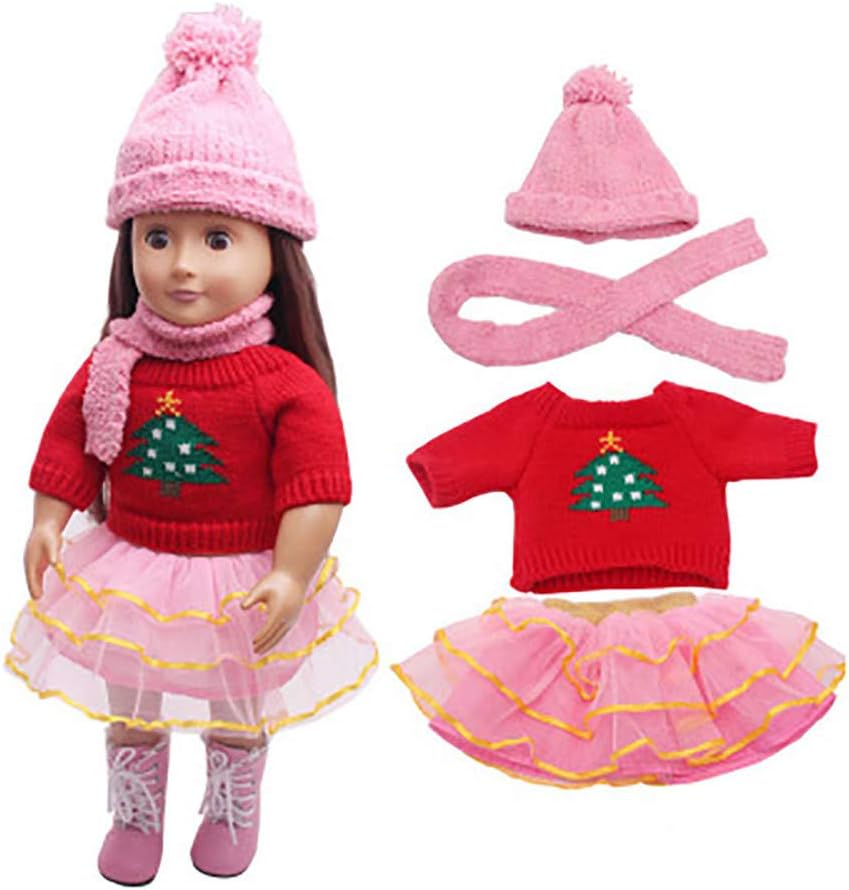 For Our Generation 18 inch American Girl Doll Christmas Clothing Set 4Pcs Cute Red Sweater + Skirt + Hat+ Scarf,Dolls Outfits, Girls Pretend Play Toy Gifts