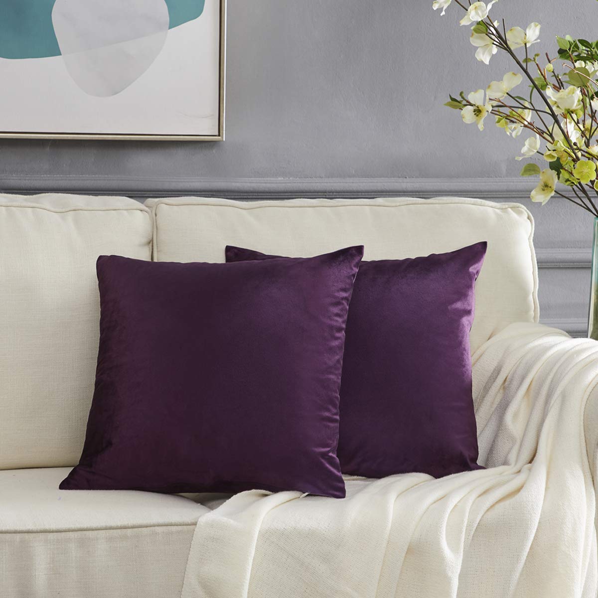Purple Throw Pillow Covers Case, Accent Comfortable Jacquard Luxury Velvet Cushion Cover, Best Decorative Square Sham Pillow Covers for Sofa Couch Bed้ฅไพถome Decor 20x20 Inches 50x50CM Set of Two โ image 1