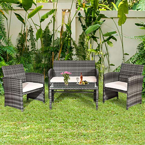 Goplus Patio Furniture 4 Pieces Rattan Conversation Sofa Set with