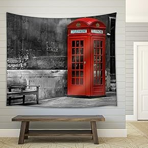British Phone Booth with Weathered Wooden Bench - Fabric Wall Tapestry Home Decor - 51x60 inches