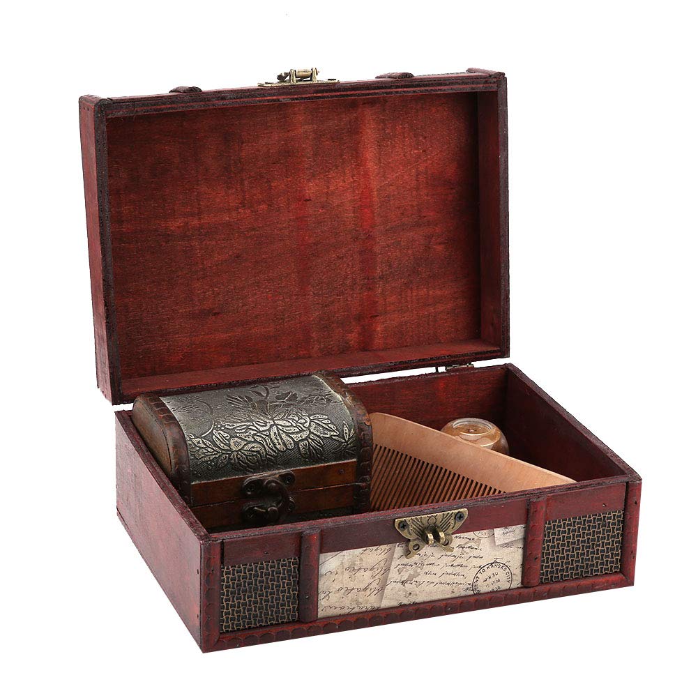 Wakects Vintage Wooden Storage Box, Small Jewelry Organizer, Decorative Treasure Chest with Lock, Stamp Design