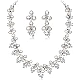 JWICOS Faux Pearl Bridal Necklace Earrings Set Elegant Classic Rhinestones Floral Vine Wedding Bride Accessoreis Set for Women