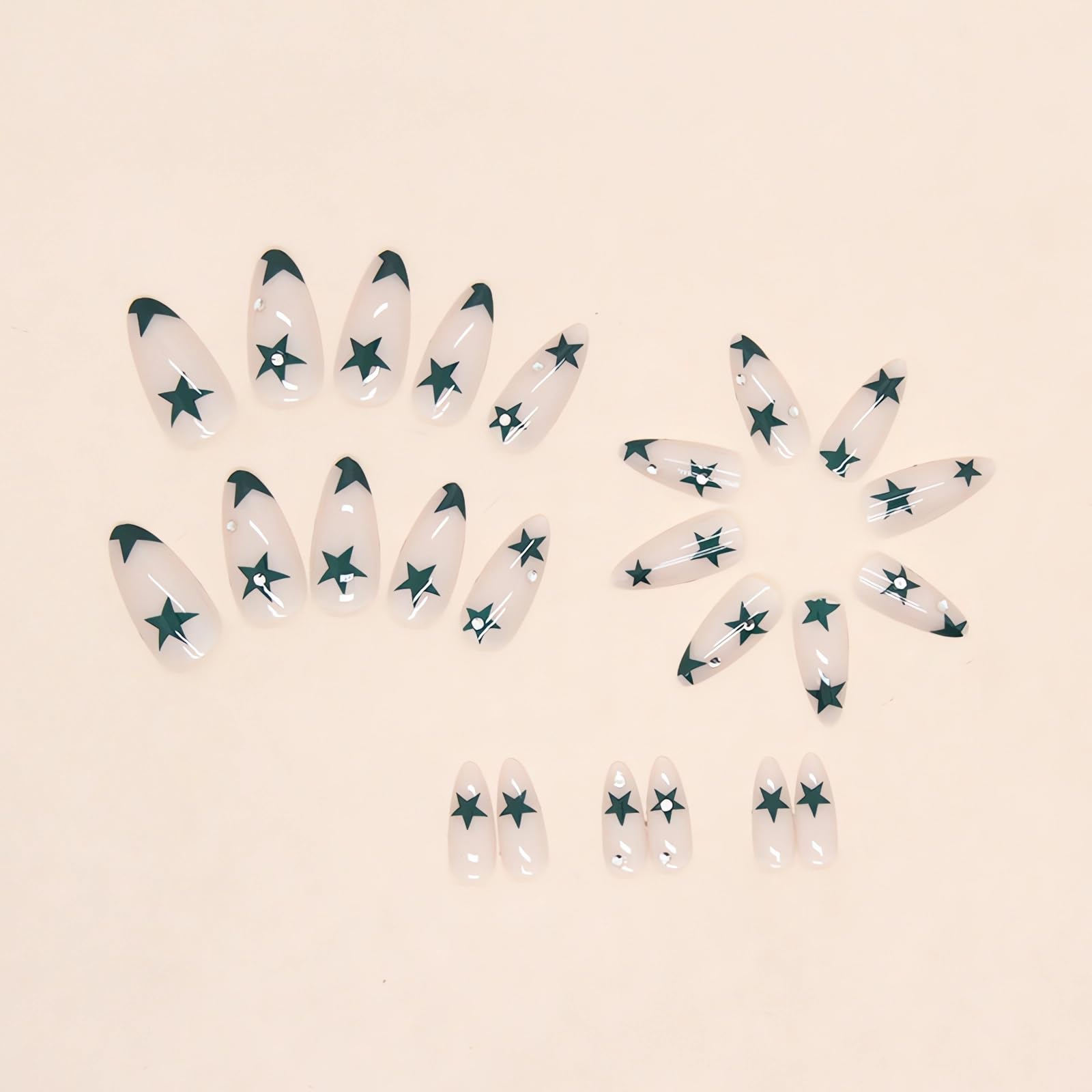 IMSOHOT Medium Press on Nails Almond Shape Nude Fake Nails Green Star Acrylic False Nails Rhinestone Full Cover Stiletto Artificial Nails for Women Girls 24pcs - Image 3