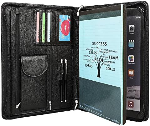 Cowhide Portfolio Handmade Padfolio Genuine Full Litchi Grain Leather Organizer Business Card Holder Office Conference Briefcase Case Zippered A4 Folder for Custom Made (Black)