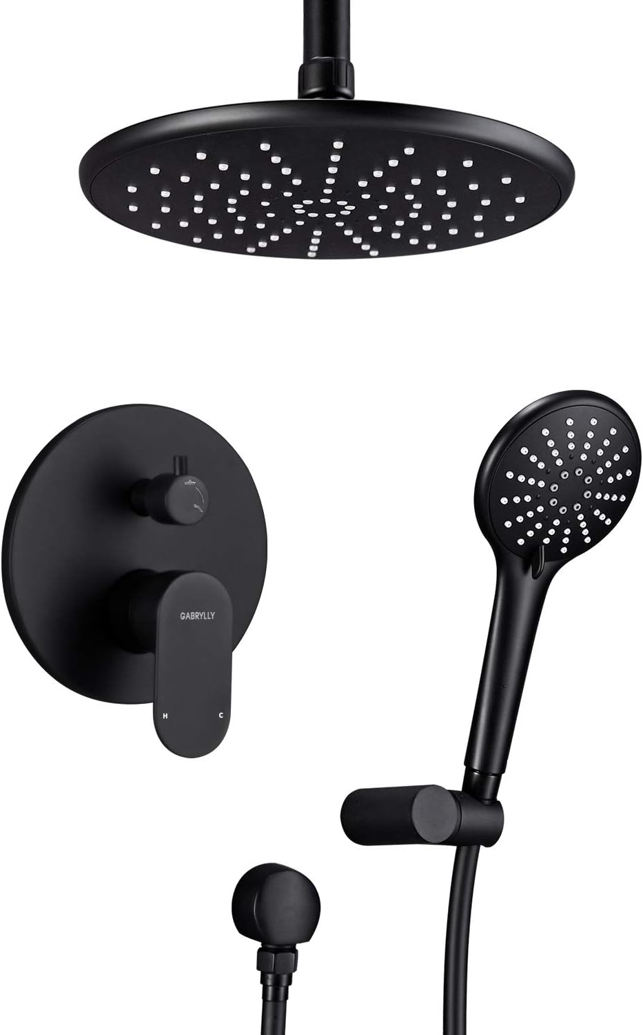 Shower System, Ceiling Shower Faucet Set for Bathroom with High Pressure 8" Rain Shower head and 3-Setting Handheld Shower Head Set, Pressure Balance Valve with Trim and Diverter, Black - - 