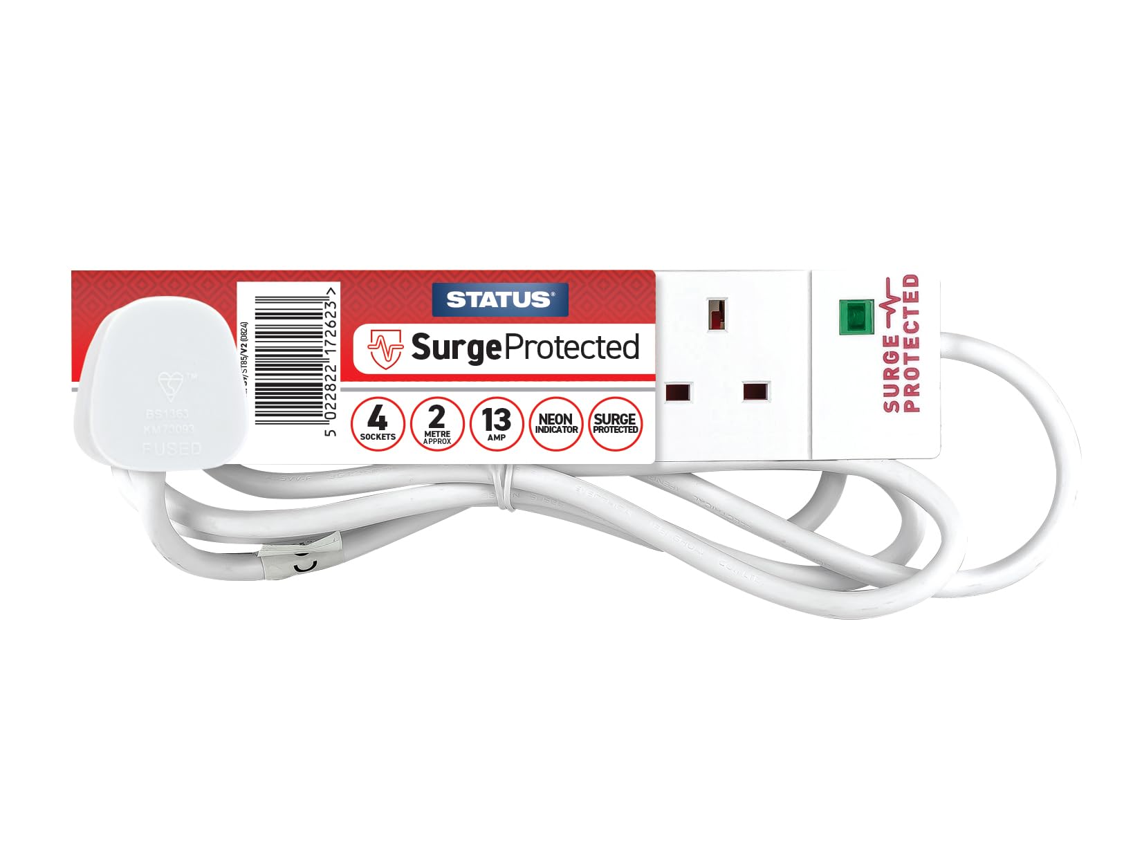 STATUS Surge-Protected 4 Socket Extension Lead, 2m Cable with Neon Power Indicator, 13A Multi-Plug Strip for Home, Office or Gaming, White (S4W2MSPS9)