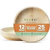 ecozoi Extra Large Disposable Palm Leaf Plates 12" Round, 25 Pack Eco-friendly Dinnerware Set, Biodegradable Compostable Tableware Dinner Plates, For Weddings, Parties, Events, Camping