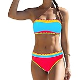 Sexybody Women's Bandeau Bikini Strapless Bikini Neon Color Block Two Piece Whip Stitch Trim Bathing Suits
