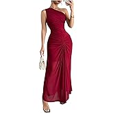 WDIRARA Women's Elegant One Shoulder Ruched Mesh Dress Sleeveless Long Dresses