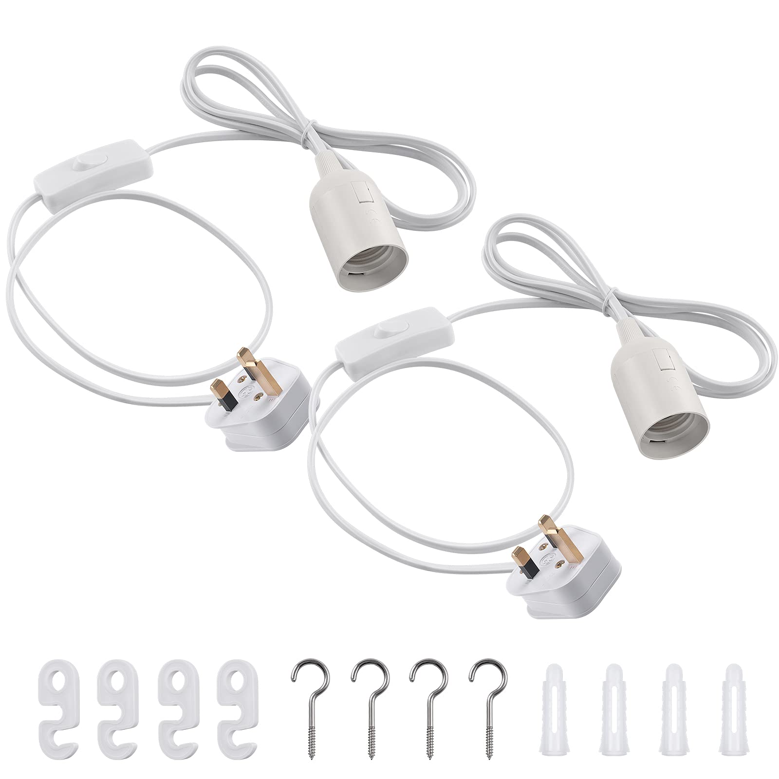 DiCUNO E27 Lampholder, Pendant Light Ceiling Lighting Fitting, Suspended Pendant Light Fitting Kit, White, 2M, 2Packs