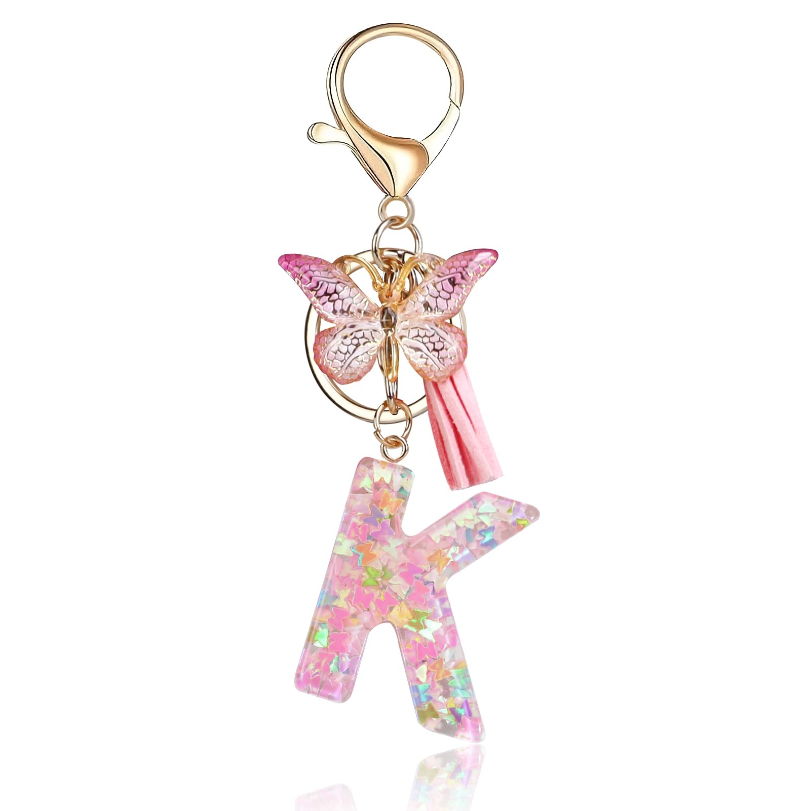 Photo 1 of Fmeida Initial Letter Keychains for Women Cute Pink Car Keychain with Tassel& Butterfly K