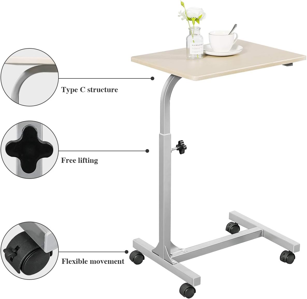 Over Bed Table C Sofa Side Medical Table with Lockable Wheels, 3 Height Adjustable Food Table Tray, Multi-Purpose Portable Rolling Desk Wood (18.9x14.7x26.4-31.1 inch): Kitchen & Dining