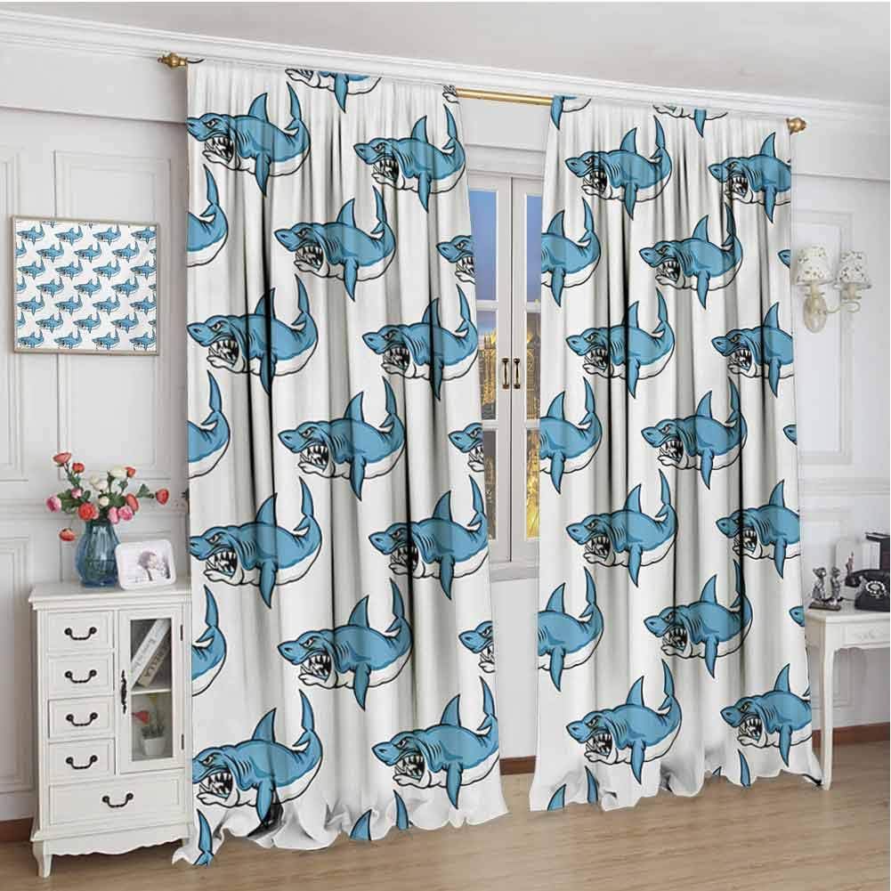 GUUVOR Animals Blackout Curtain Fierce Predator Wild Shark Swimming Sharp Teeth Bite Nautical Theme Pattern 2 Panel Sets W96 x L96 Inch Blue White