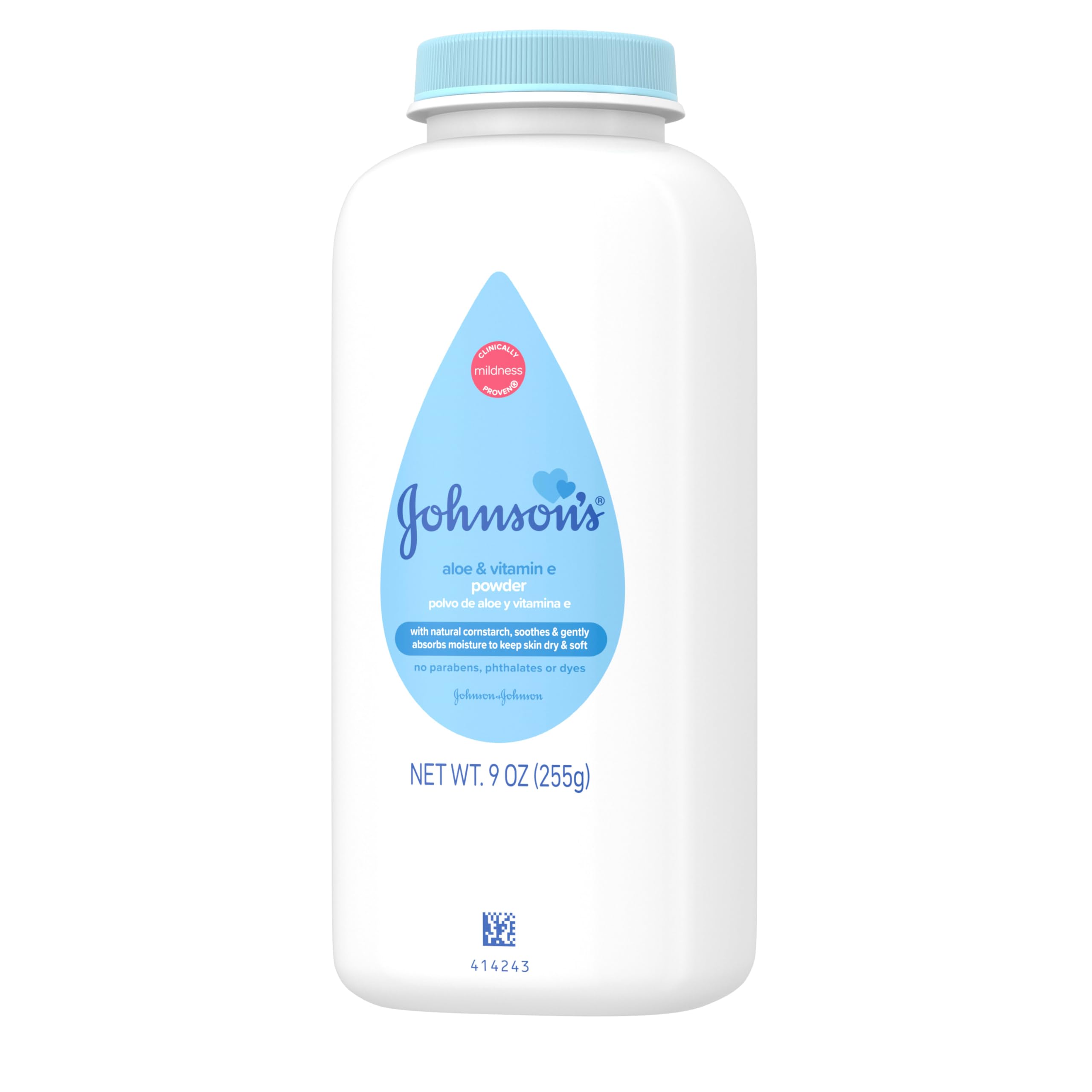 Johnson's Naturally Derived Cornstarch Baby Powder, Aloe & Vitamin E for Delicate Skin, Hypoallergenic, Free of Talc, Parabens, Phthalates & Dyes, Silky for Gentle Baby Skin Care, 9 oz