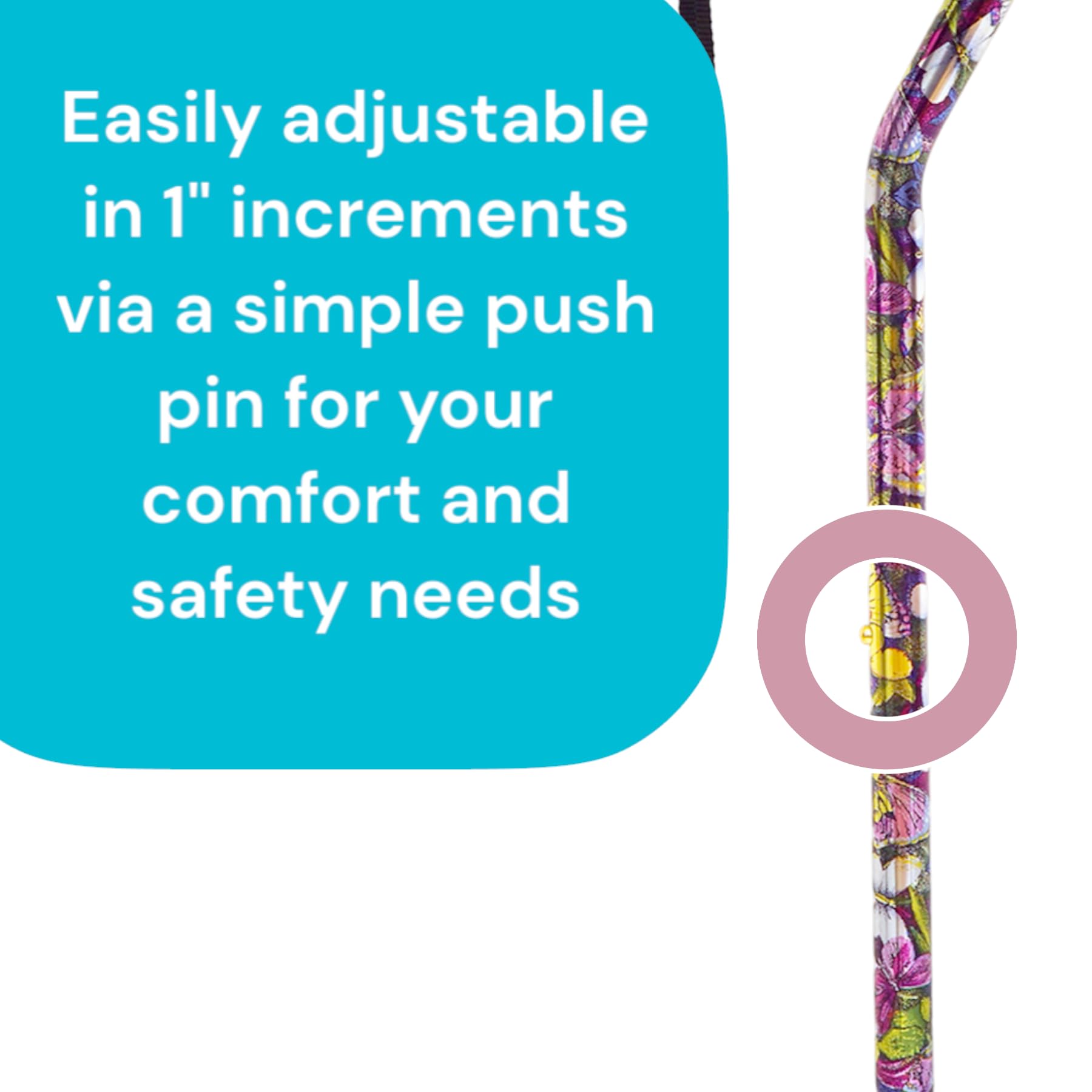 Essential Medical Supply Designer Height Adjustable Offset Handle Walking Cane with Soft Foam Grip, Extra Stable Design and Fashion Pattern in Butterfly