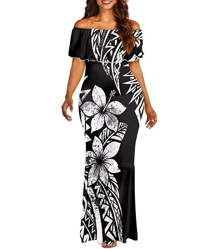 GLUDEAR Women's Plus Size Polynesian Puletasi Samoan Traditional Print Off Shoulder Bodycon Mermaid Maxi Dress,American Samoa,S : Clothing, Shoes & Jewelry