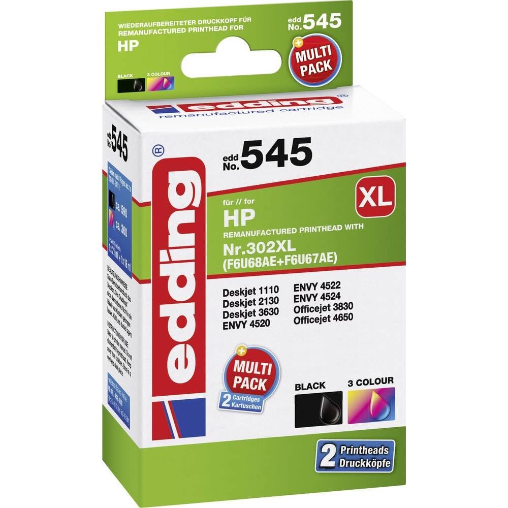 edding EDD-545 Ink Cartridge - Multipack 2 - Black, 3 Colours - 1 x 21 ml + 1 x 16 ml - Range 1 x 590 1 x 360 Pages - Replaces HP 302XL/302XL (F6U68AE/F6U67AE)