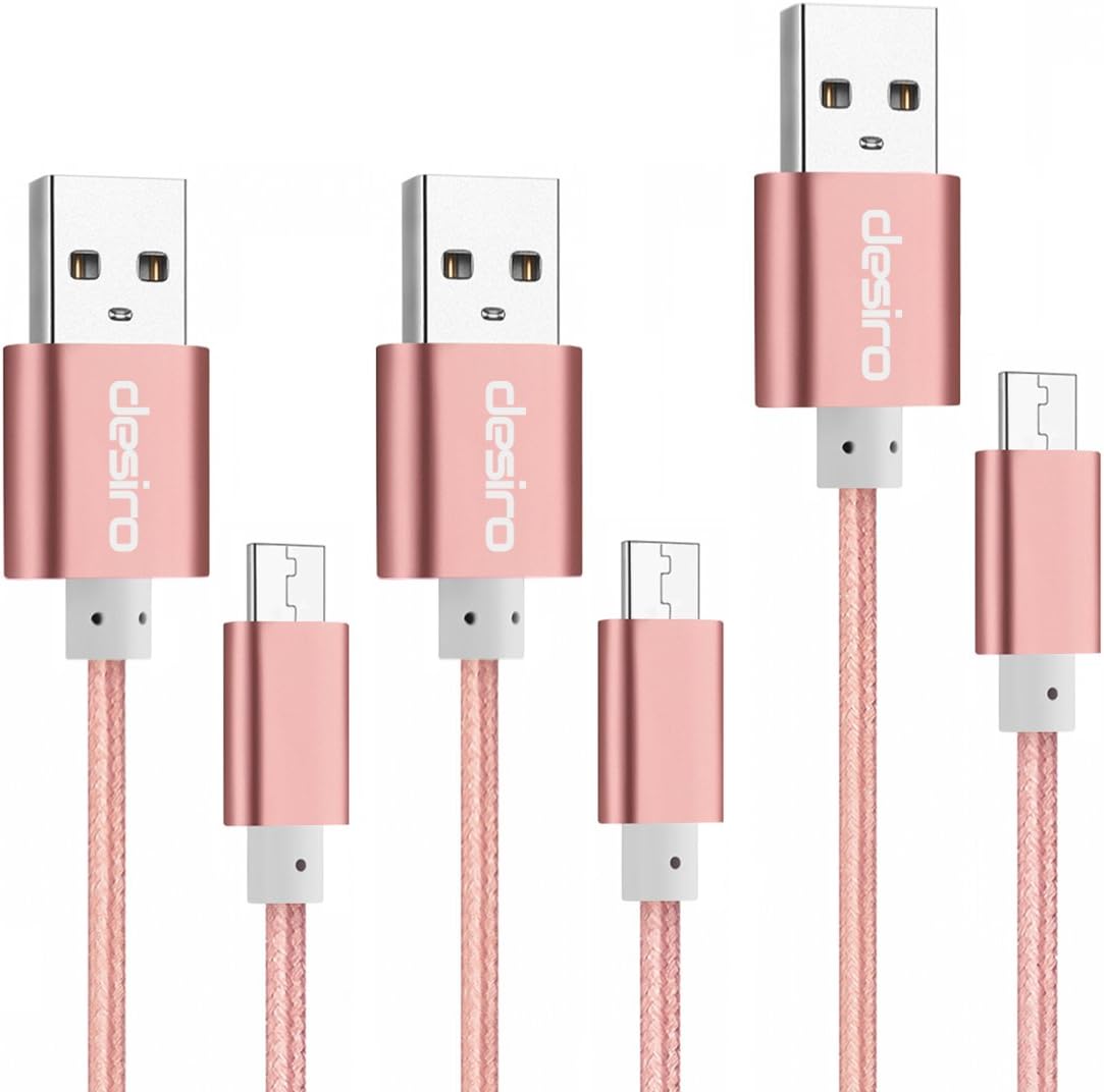 Micro USB Cable, Desiro [3-Pack] (2 x 3ft & 1 x 6ft) Premium Rose Gold Nylon Braided High Speed USB A Male to Micro B Data Sync & Charging Cable for Android, Samsung, HTC, Sony and More