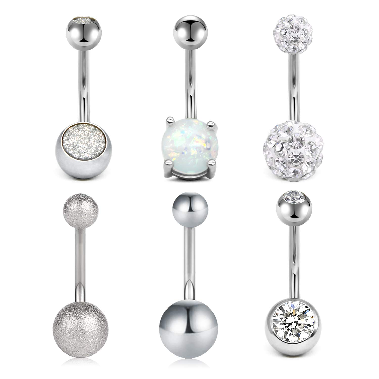 FECTAS 6pcs Stainless Steel Belly Button Ring 14 Gauge 10mm Barbell Silver Rosegold Navel Bars Piercing Jewellery