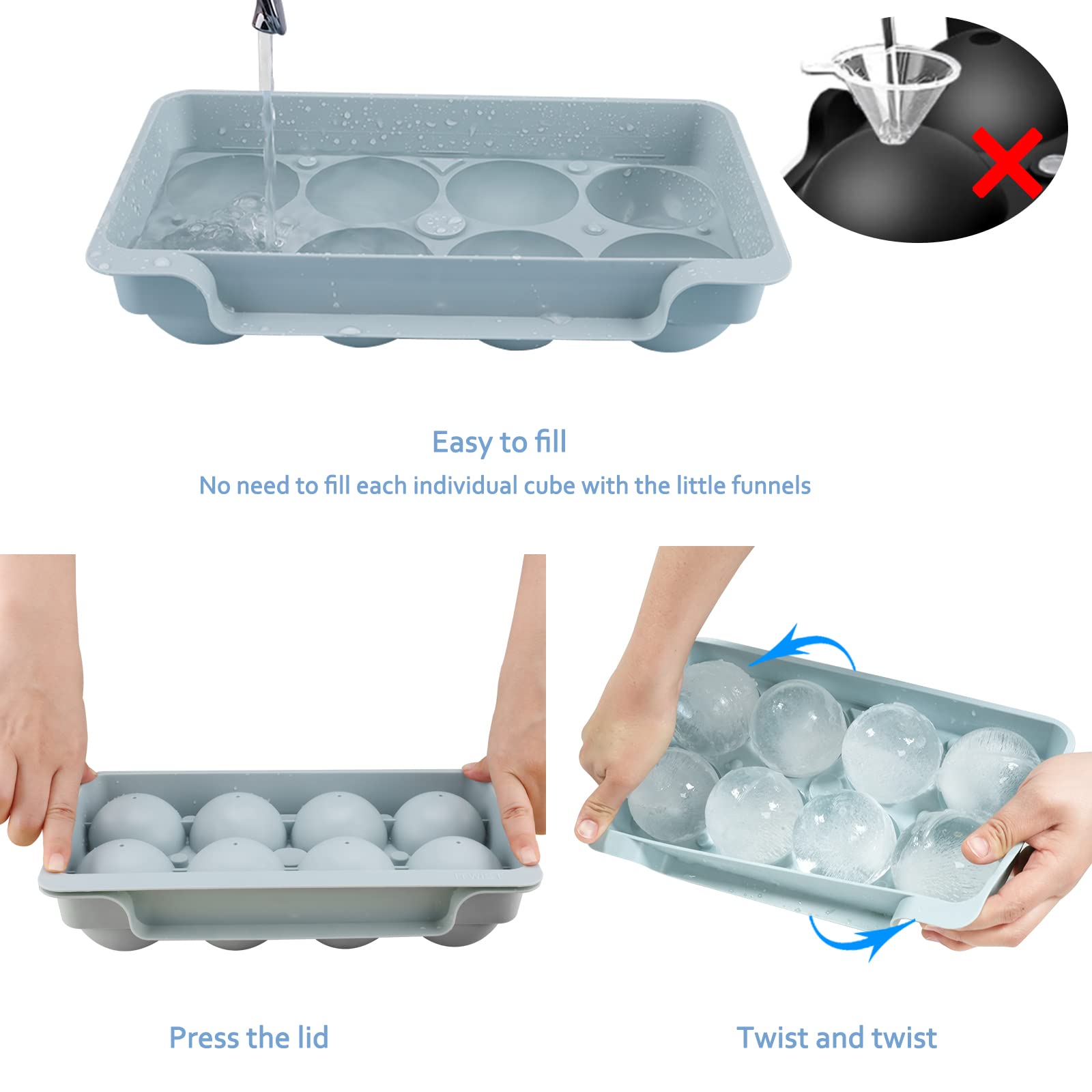 WIBIMEN Large Ice Cube Molds, Big Round Whiskey Ice Cube Trays for Freezer, Easy to Fill & Release, Whiskey Bourbon Cocktail(2.5In*8 Balls- Blue/2 Pack)