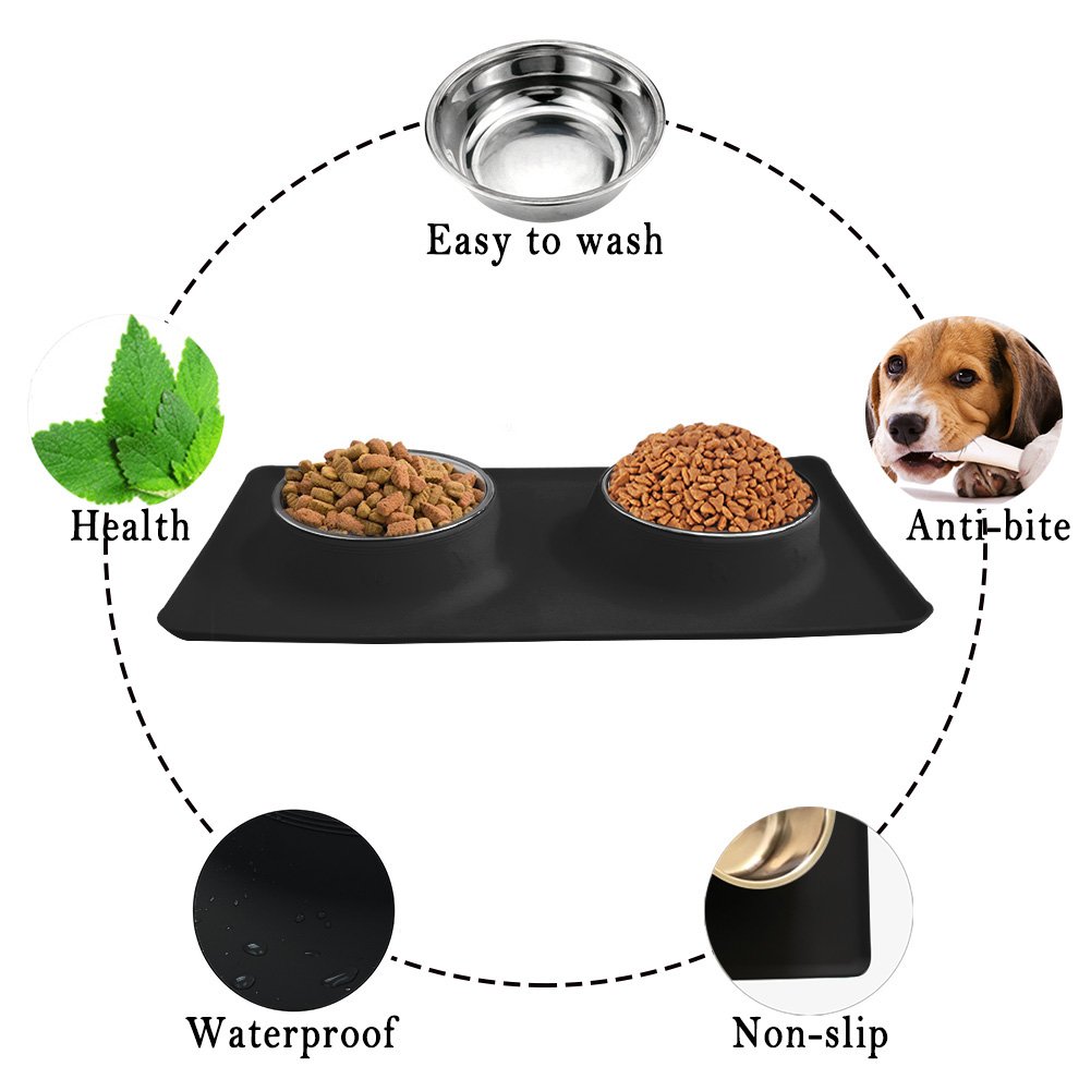 Home of Boutique Dog Bowls, Stainless Steel Pet Food Bowl, Cat Water Bowls with No-Spill Anti-Slip Silicone Mat for Large or Medium Dogs or Cats, Set of 2 Bowls (L, Black)
