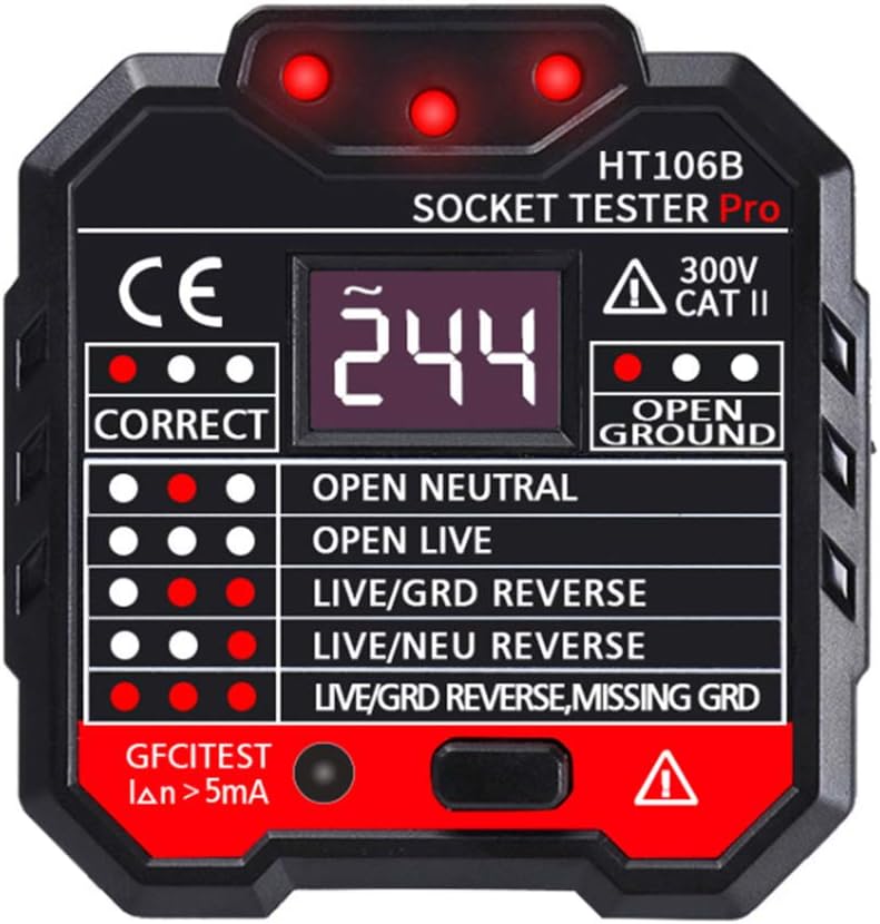 Trkee Electric Socket Tester 200~230V Automatic Electric Power Circuit Polarity Voltage Detector Wall Plug Breaker Finder Leakage Test with LED Voltage Display HT106B