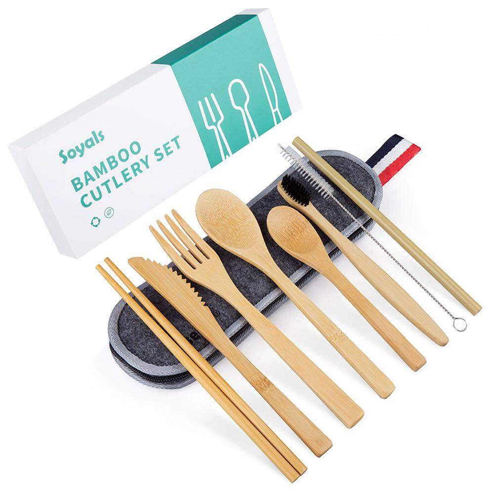 Bamboo Utensils | Travel Utensils | Reusable Utensils | Knife Fork Spoon Straws Chopsticks Toothbrush Portable Bag, Bamboo Cutlery Set