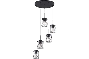 MAVCADONF Kitchen Island Light, 5 Light Cluster Pendant Lights Stairwell Lighting Chandelier for Dining Room, Modern Linear Pendant Light for Kitchen Island Living Room with Adjustable Rods, Metal Black