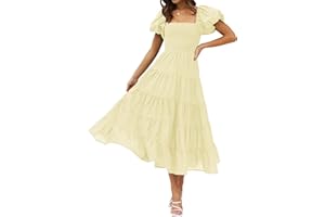 ZESICA Women's 2025 Summer Square Neck Short Puff Sleeve Solid Color High Waist Casual Smocked Flowy A Line Tiered Midi Dress