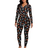 Halloween Onesie Pajamas Women Sexy Bodycon One-Piece Jumpsuit for Adults | Long Sleeve Romper Sleepwear, Pumpkin Skeleton and Mummy Print, Buttoned Neckline, Stretchable, for Sleep, Party S-2XL
